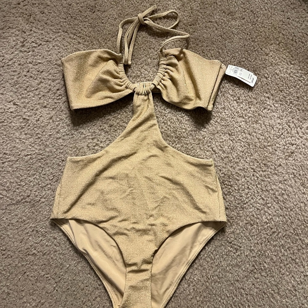 Aerie Sparkly Gold Cut Out One Piece Halter Swimsuit